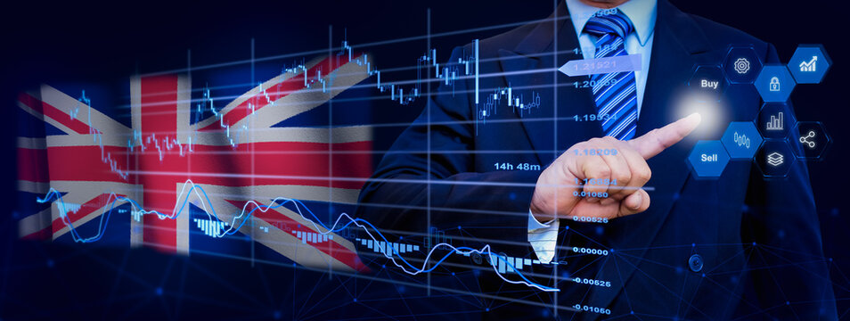Businessman touching data analytics process system with KPI financial charts, dashboard of stock and marketing on virtual interface. With United Kingdom flag in background.