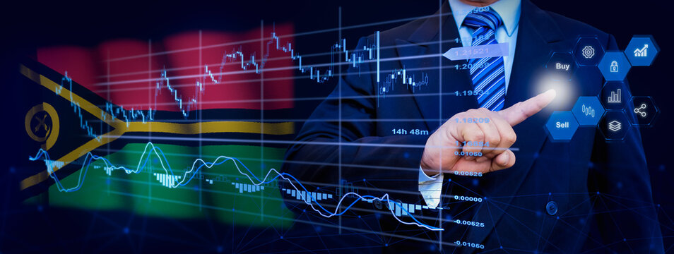 Businessman touching data analytics process system with KPI financial charts, dashboard of stock and marketing on virtual interface. With Vanuatu flag in background.