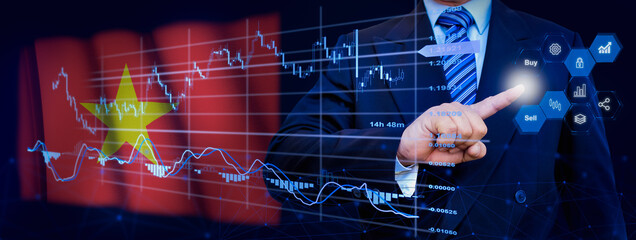 Businessman touching data analytics process system with KPI financial charts, dashboard of stock...