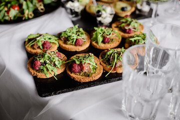 Delicacies and snacks on a buffet or banquet. Catering.