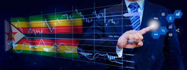 Businessman touching data analytics process system with KPI financial charts, dashboard of stock and marketing on virtual interface. With Zimbabwe flag in background.