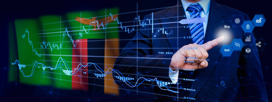 Businessman touching data analytics process system with KPI financial charts, dashboard of stock and marketing on virtual interface. With Zambia flag in background.
