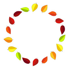 Autumn leaves wreath with copy space. Autumnal circular frame full of leaf. Seasonal circle illustration for invitation. Colorful round shape for garland design. Ornamental thanksgiving backdrop.