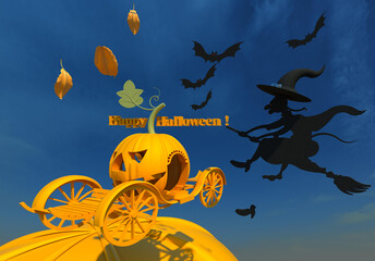 Halloween fantasy 3D illustration. Flying pumpkin carriage, autumn leaves, bats and witch above the pumpkin globe. Sky background. Collection.