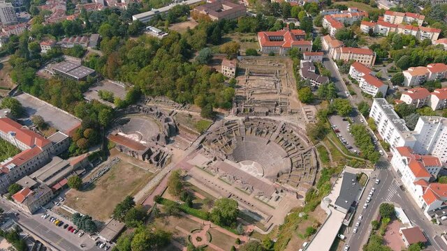 Lyon: Aerial view of ancient Roman amphitheater (Th&eacute;&acirc;tre Gallo Romain / Ancient Theatre of Fourvi&egrave;re) in city center - landscape panorama of France from above, Europe