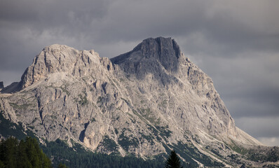 South-east view of Lagazuoi mountain, 2835m from La Villa village in Badia valley, Alta Badia, Dolomites, South Tyrol, Alto Adige, northern Italy