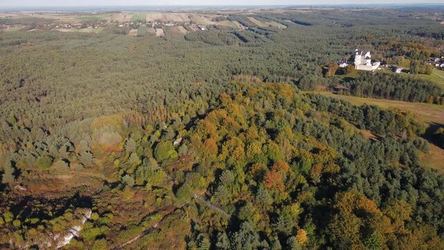 Jura Krakowsko-Częstochowska z lotu ptaka, zamki w Bobolicach i Mirowie