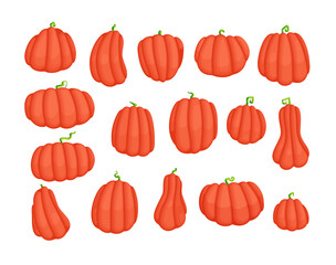 Simple shape cartoon pumpkin vector designs set. Farm harvest cute illustrations collection with ripe vegetables. Thanksgiving symbol isolated icons.