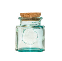 blue 100% recycled glass jar with natural cork isolated on white background