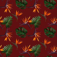 Seamless tropical pattern with  strelitzia with leaves on red  background. Seamless pattern with colorful leaves of colocasia, filodendron, monstera. Exotic wallpaper. Hawaiian style. © Olena