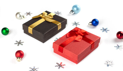 Gift boxes. Holiday Christmas background. New Year and still life. Christmas card background.