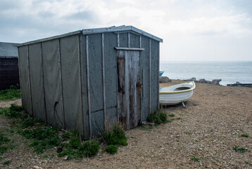 Old huts on Portland bill dorset england uk 