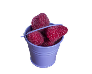 Small bucket with large raspberries, isolate on a white background