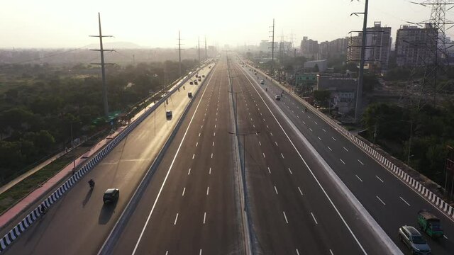 An aerial drone shot of the National Highway 24 in NCR, India