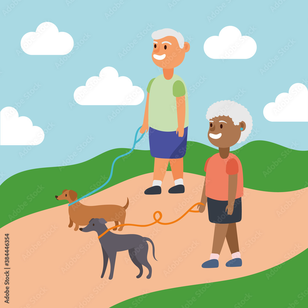 Poster interracial old couple walking with dogs active seniors characters