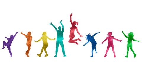 Multicolor textured silhouettes of young dancing people, isolated on the white background