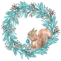 Watercolor illustration. Christmas wreath with a squirrel. Cozy winter. Happy New Year and Merry Christmas. Brown and blue colors. For printing on postcards, stickers, tags, calendars, packaging
