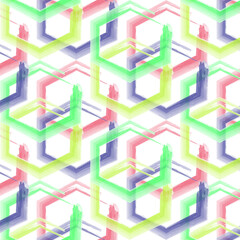Watercolor poligon, hexagon background. White banner, post, advertisement.  Pink, blue, yellow, green striped vector illustration.
