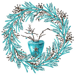 Watercolor illustration. Christmas wreath and vase. Cozy winter. Happy New Year and Merry Christmas. Vase with winter decor. Stars. Brown and blue colors. For printing on postcards, stickers, tags