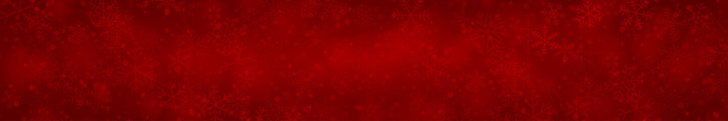 Naklejka na ściany i meble Christmas banner of snowflakes of different shapes, sizes and transparency on red background