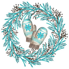 Watercolor illustration. Christmas wreath and mittens. Cozy winter. Happy New Year and Merry Christmas. Winter nature. Warm knitted mittens. Brown and blue colors. For printing on postcards, stickers