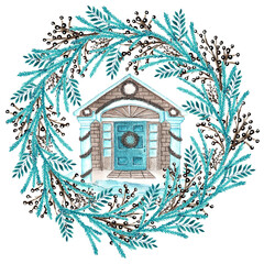 Watercolor illustration. Christmas wreath and house. Cozy winter. Happy New Year and Merry Christmas. Winter nature. Christmas house. Brown and blue colors. For printing on postcards, stickers, tags
