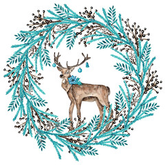 Watercolor illustration. Christmas wreath and deer. Cozy winter. Happy New Year and Merry Christmas. Winter nature. Christmas deer. Brown and blue colors. For printing on postcards, stickers, tags