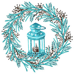 Watercolor illustration. Christmas wreath and lantern. Cozy winter. Merry New Year and Merry Christmas. Winter nature. Christmas candle. Brown and blue colors. For printing on postcards, stickers