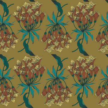 Seamless botanical mustard pattern with green leaves and caldas bomarea flowers