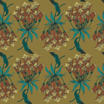 Seamless botanical mustard pattern with green leaves and caldas bomarea flowers