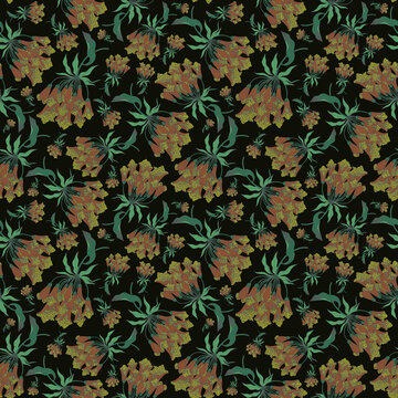 Seamless botanical dark pattern with green leaves and mustard bomarea caldas flowers
