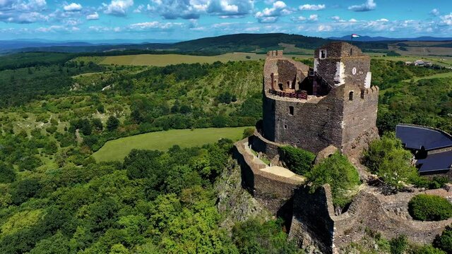 Drone video of castle of Hollókõ, famous landmark and tourist attraction of Hungary, Europe.