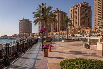 View from the Pearl Qatar, a new residential area with a marina in the middle, Qatar.