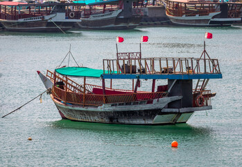 Dhows in Doha moored in the Persian Golf, Qatar.