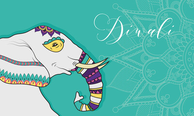 happy diwali celebration lettering with elephant and mandala