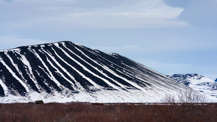 Hverfjall Crater at lake Mývatn in winter, North Iceland.
