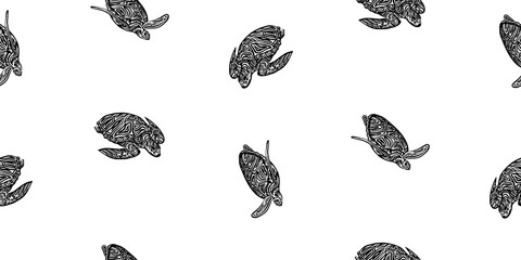 Hand drawn swimming ornate turtle seamless pattern. Vector black ink drawing animal background. Graphic illustration
