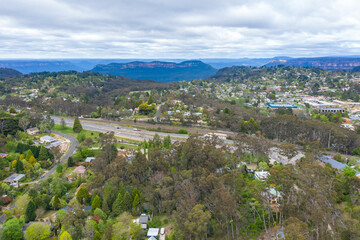 Aerial view of the township of Leura in regional New South Wales in Australia