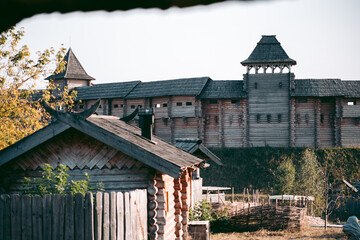 View of the wooden medieval fortress in the afternoon