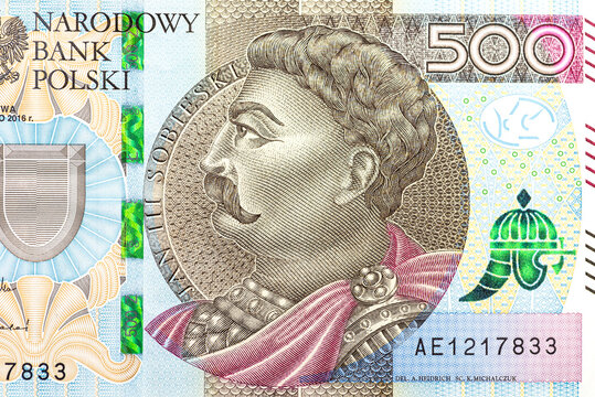 Macro photo of the front side of the rare Polish 500 zloty banknote, close-up on the profile of Jan III Sobieski.