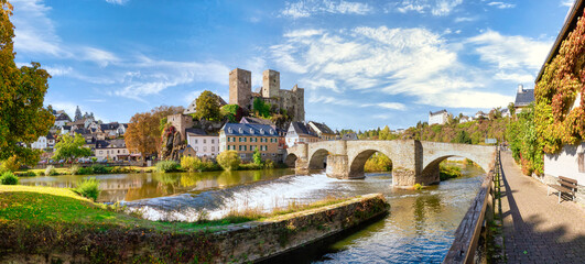 Romantic Runkel on the Lahn with old bridge and castle ruins