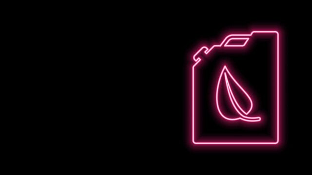 Glowing neon line Bio fuel canister icon isolated on black background. Eco bio and barrel. Green environment and recycle. 4K Video motion graphic animation
