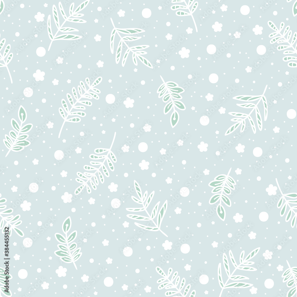 Wall mural pastel doodle seamless pattern of hand drawn branch with cute leaves background design