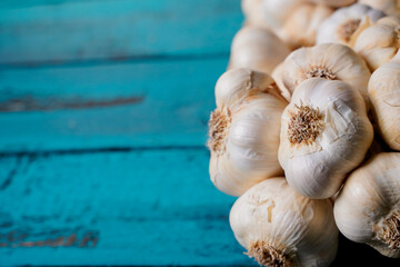 garlic bunch on a blue wooden table