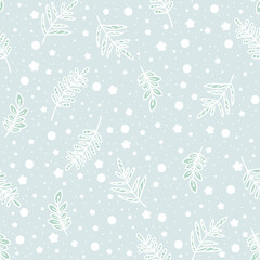 Pastel doodle seamless pattern of hand drawn branch with cute leaves background design