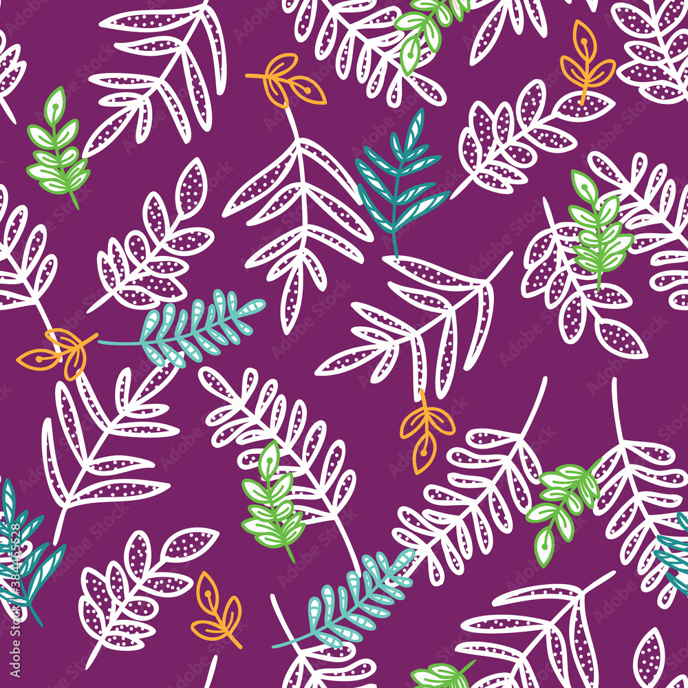 Wall mural doodle branch with leaves seamless pattern of hand drawn purple background design