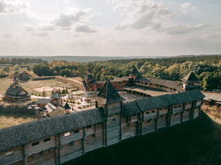 Fototapeta premium Aerial view of a medieval wooden fortress