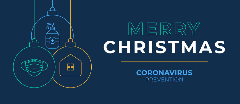 Christmas coronavirus ball banner. Christmas events and holidays during a pandemic Vector illustration. Covid-19 prevention
