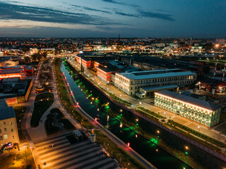 Tula embankment, promenade in the Park at night, aerial view from drone
