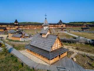 Obraz premium Aerial view of the old wooden medieval Christian church